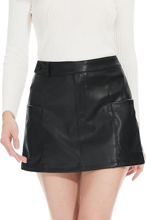 Fahsyee Women's Faux Leather Skirt, Black High Waisted Stretchy Zipper Mini A Line Pencil Short Plus Size XL