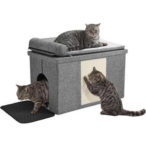 Cat Litter Box Enclosure Furniture, Hidden Litter Box with Cat Bed, Waterproof Odor Control Litter Box Cover, Dog Proof Foldable Storage Bench, Easy Assembly (Grey, Large (30" x 17.7"x 17.7"))