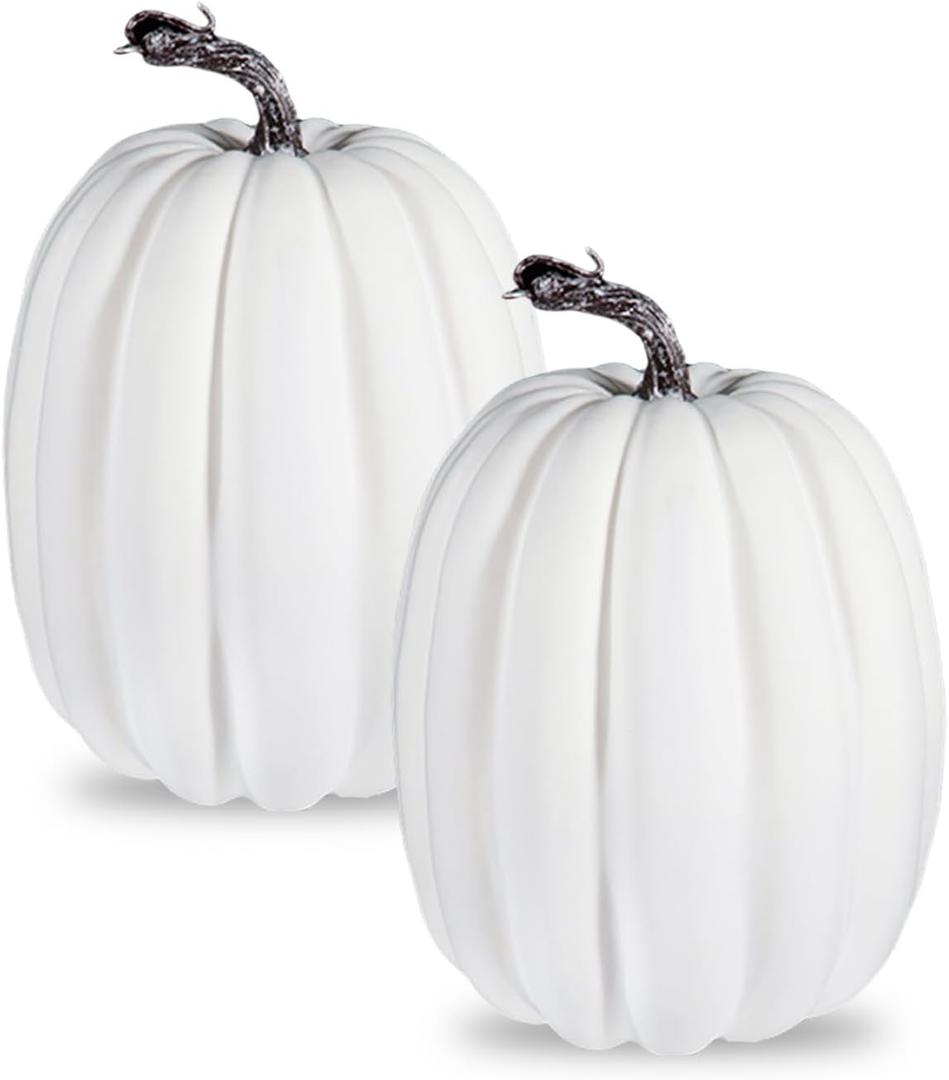 vensovo 2PCS 8 Inch White Plastic Pumpkins for Decorating  Large Artificial Foam Pumpkins for Fall Decor, Halloween, Thanksgiving, Paintable for DIY Crafts & Centerpieces