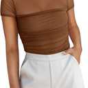 REORIA Women's Sexy Mock Turtle Neck Short Sleeve Shirts Sheer Mesh Ruched Trendy Going Out Bodysuits Tops (XX-Large, Coffee)