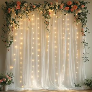 White Tulle Backdrop Curtain with Lights String - 10x10ft Sheer Backdrop with 300 LEDs for Wedding, Baby Shower, Bridal Shower, Birthday Party Photo Shoot Background and Home Decorations