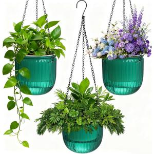 Hanging Planters for Indoor Plants, Small Self Watering Planters 3 Pack, 6.5 Inch Clear Plastic Flower Pot Outdoor, Metal Chain, Drainage Hole for Home Garden Porch Balcony Patio Window Decor