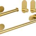 TocTen 5 Pieces Wall Mounted or Self Adhesive Towel Bar Set, Stainless Steel Bathroom Hardware Set Include 16 Towel Rack, Toilet Paper Holder, 3 Towel Hook, Sticky Bathroom Accessory Kit (Gold)