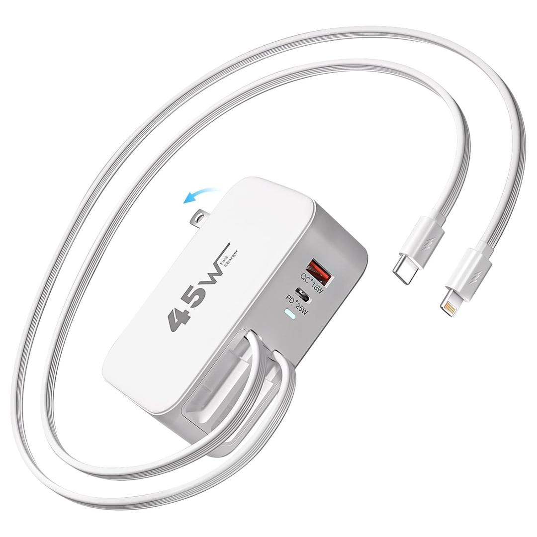 4-in-1 Retractable Wall Charger Dual USB Ports with Lightning and Type-C Cables, 45W iPhone Fast Foldable Charging Block, Travel Essentials 4-port USB Block for iPhone 17/Air/16/15/14/13/12, iPad Pro