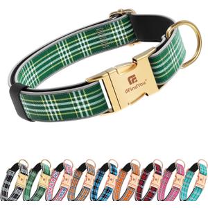 Dog Collar for Medium Dogs, Stylish Green Checkered Plaid, Elegant Reflective and Adjustable Dog Collar with Metal Buckle, Suitable for Female Dogs M