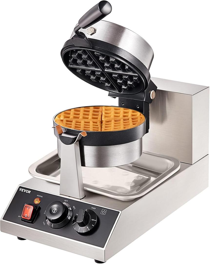 VEVOR Commercial Waffle Maker, 1300W Round Waffle Iron, Non-Stick Rotatable Waffle Baker Machine With 122-572℉ Temp Range and Time Control, Teflon-Coated Baking Pan Stainless Steel Body 110V