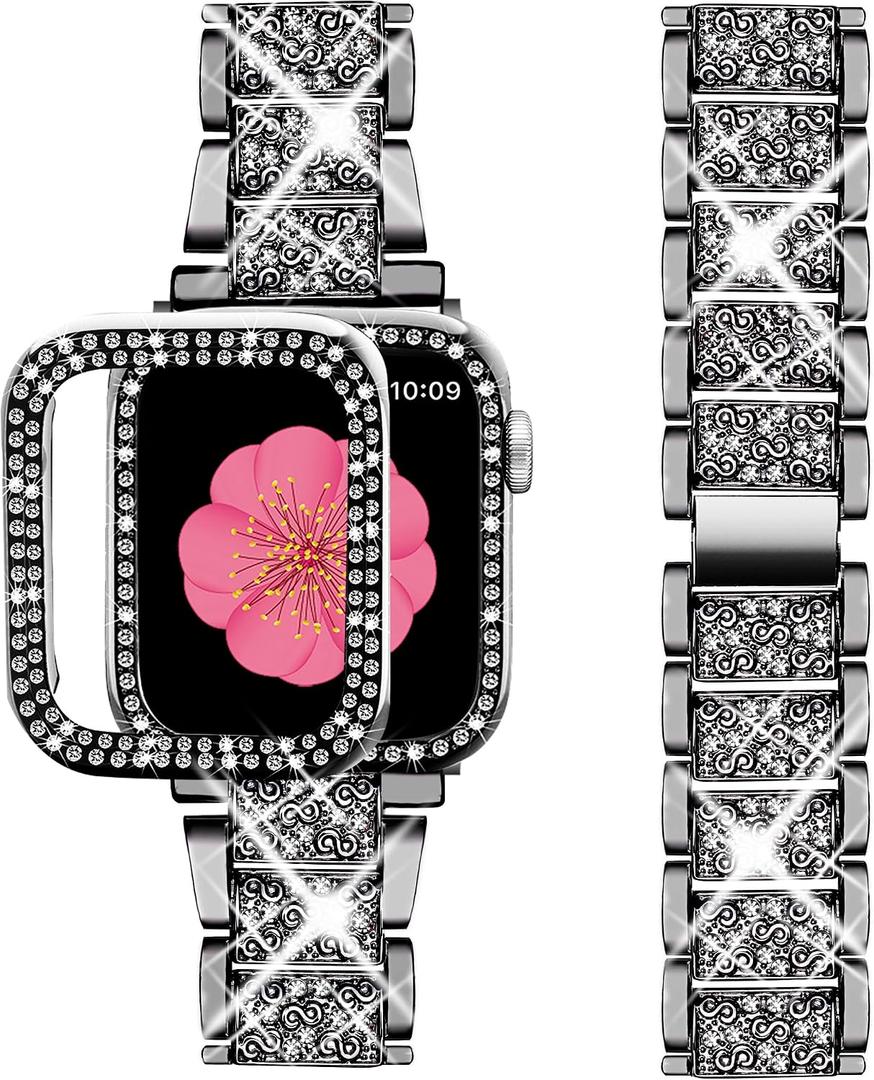 SUPOIX Compatible with Apple Watch Band S11/S10 42mm + Case, Women Jewelry Bling Diamond Metal Strap & 2P Cover Cases for iWatch Series 11/10(Black,42mm)