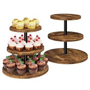 IBUYKE 3 Tier Cupcake Stand, Set of 2, Wood Durable Cupcake Tower, Round Serving Display Stand, Dessert Table Display Tree Tower for Birthday, Home Party, Wedding, Baby Shower, Rustic Brown UTLJ017H-2