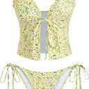 ZAFUL Tankini Swimsuits for Women Smocked Ruffles Tie Front Bowknot Textured High Cut Tanga Tankini Set (Yellow, L)