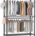 Homdox Rolling Garment Rack with Double Rod, Heavy Duty Clothing Rack with Shelves, Portable Clothes Rack, Free Standing Wardrobe Rack, with Lockable Wheels & Hanging Hooks, Max Load 450 LBS, Black