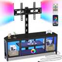 Corner TV Stand with Mount LED - Universal TV Mount Stand for 32-65" TV, Height Adjustable Swivel TV Console Wood & Steel Entertainment Center with Mount, Cabinet, Power Outlet, Colorful Light, Black