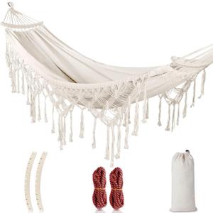 MOSFiATA Backyard Hammock with Tassels Max 500lbs Canvas Fabric Bohemian Style with Thickened Rope and Carry Bag for Outdoor, Garden, Patio, Wedding Decor (White)