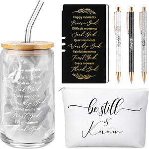 Spakon 6 Pcs Christian Graduation Gifts for Women Bible Verse A6 Leather Journal Notebook 16 oz Glass Cup Glitter Ballpoint Pen Makeup Bag Inspirational Teachers Day Gifts for Church(Black)