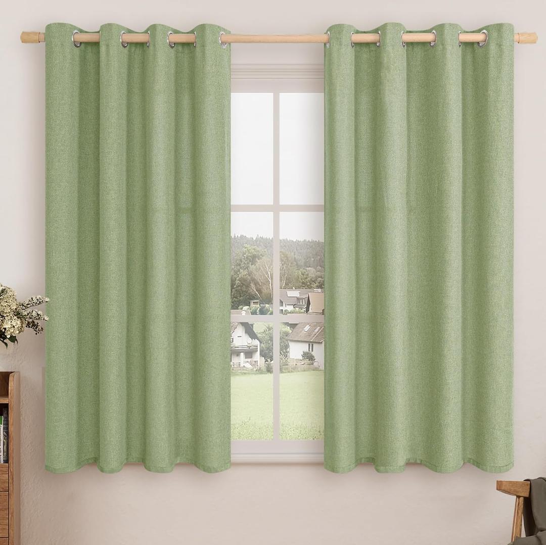 LAMIT Linen Curtains 45 inch Length 2 Panels, Linen Textured Thermal Insulated Bedroom Curtains Grommet Privacy Light Filtering Drapes for Living Room/Farmhouse, W52 x L45, Sage Green
