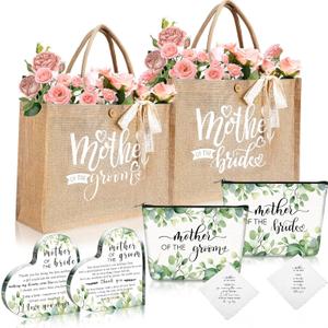 Hushee 2 Set Mother of Bride and Groom Gifts Set Includes Handbag Canvas Makeup Bag Acrylic Heart Decoration Wedding Handkerchief for Mom Mother in Law Bridal