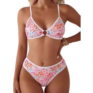 Fanuerg Women's Triangle Bikini Sets O Ring Linked Two Piece Swimsuits Floral Printed Cheeky Bathing Suit, Size Small