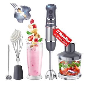 Mueller Multistick 5-in-1 Immersion Blender Handheld,12 Speed Hand Mixer-Turbo Boost,Heaviest Duty Copper Motor,Titanium reinforced Blades Hand Blender,Milk Frother Wand,Whisk,Beaker,Chopper,Grey