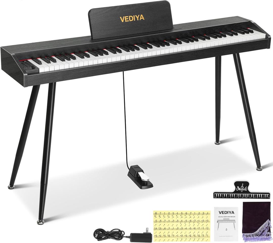 Digital Piano Keyboard 88 key,Semi-Weighted Electric Piano,Full Size Acoustic Piano for Beginners with,Pedal, USB-MIDI Compatibility (Black), VE28 with 4 Legs