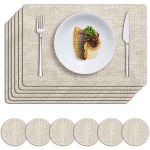 MOSAYT Faux Leather Placemats Set of 6, Heat Resistant Wipeable Washable Vinyl Place Mats with Coasters, Waterproof Oil Proof Table Mats for Kitchen Dining Party Indoor Outdoor, 12" x 17", Beige