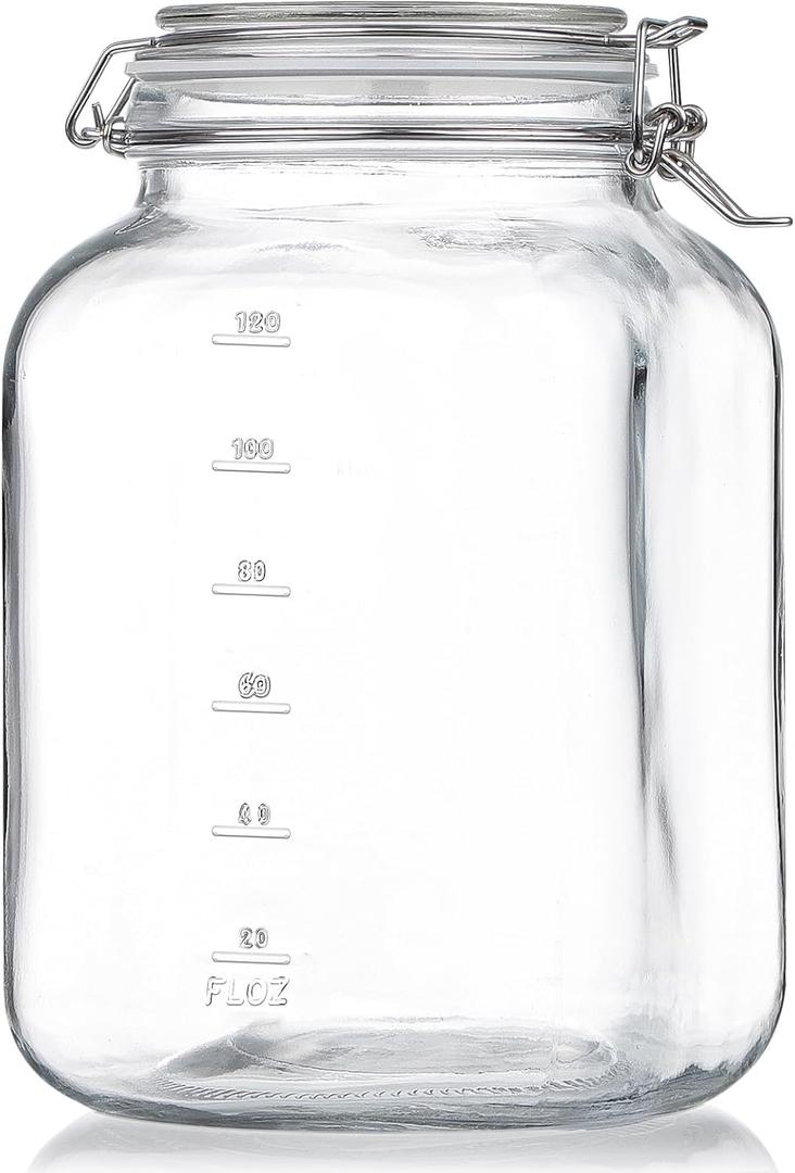 Folinstall 1 Gallon Square Super Wide-Mouth Glass Jars with Airtight Lids, Glass Storage Jars with 2 Measurement Mark, Sturdy Canning Jars with Large Capacity 4100 ML For Overnight Oats