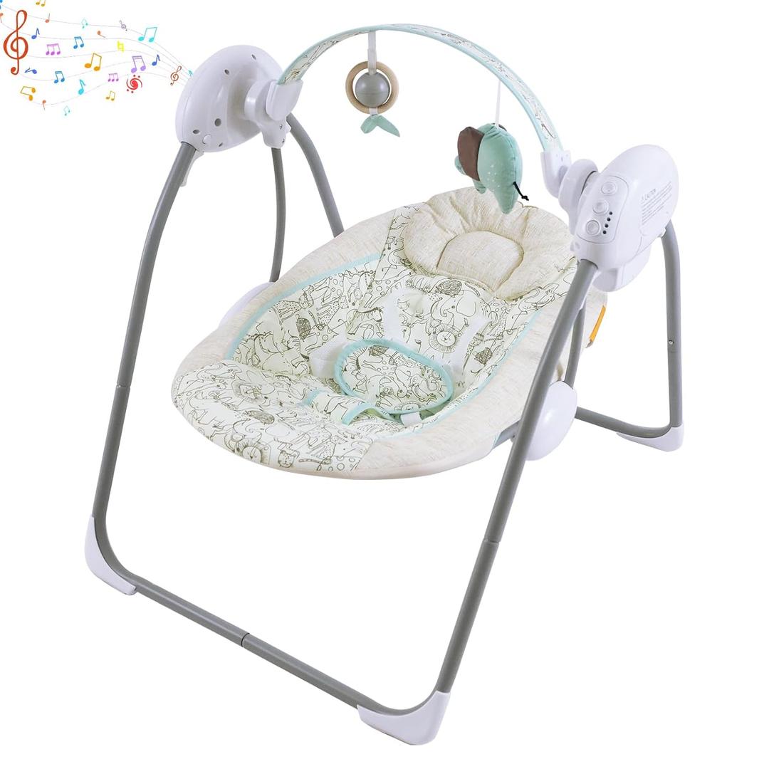 Baby Swing for Infant, Newborn Swing with Music,5 Speed Levels, Timing Setting, Soft Cushion, Foldable Infant Swing for Indoor Outdoor Use 0-9 Months