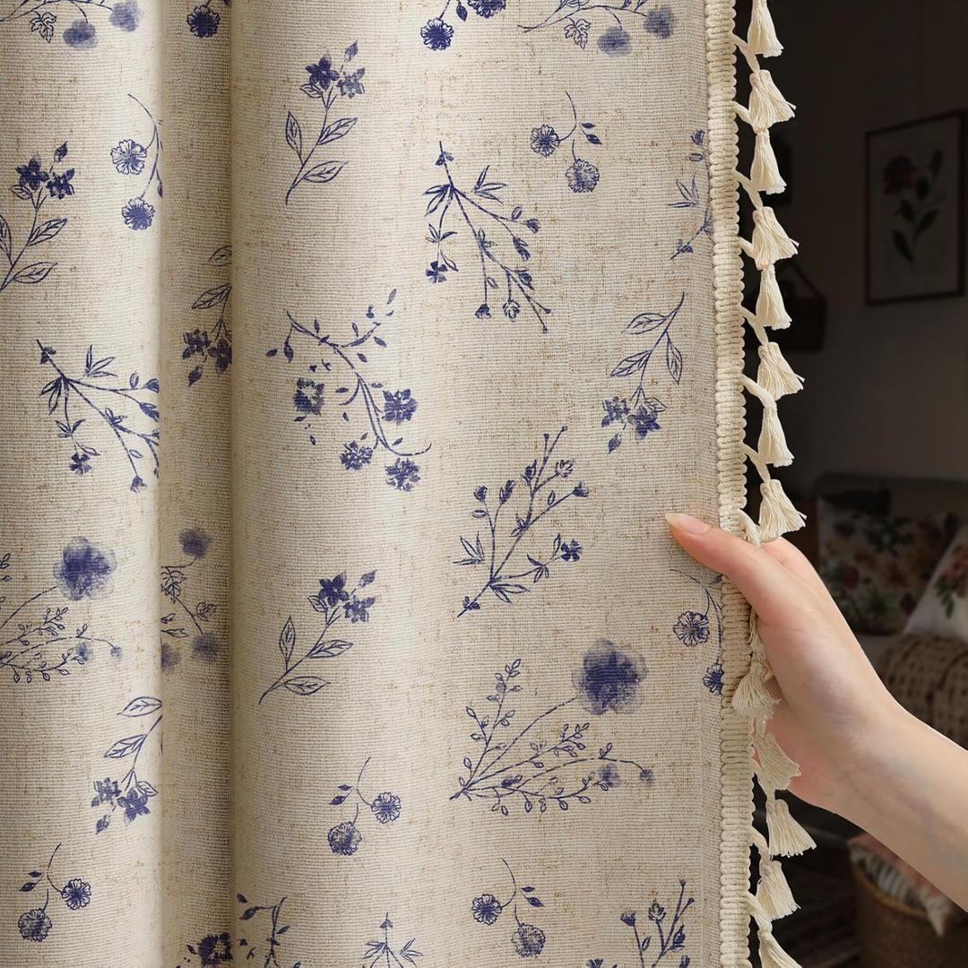 Boho Floral Spring 100% Blackout Curtains 53" x 84" 2 Panels Set, Linen Texture Farmhouse Curtains with Beige Tassel for Living Room Bedroom, Vintage Rustic Rod Pocket, Dark Blue