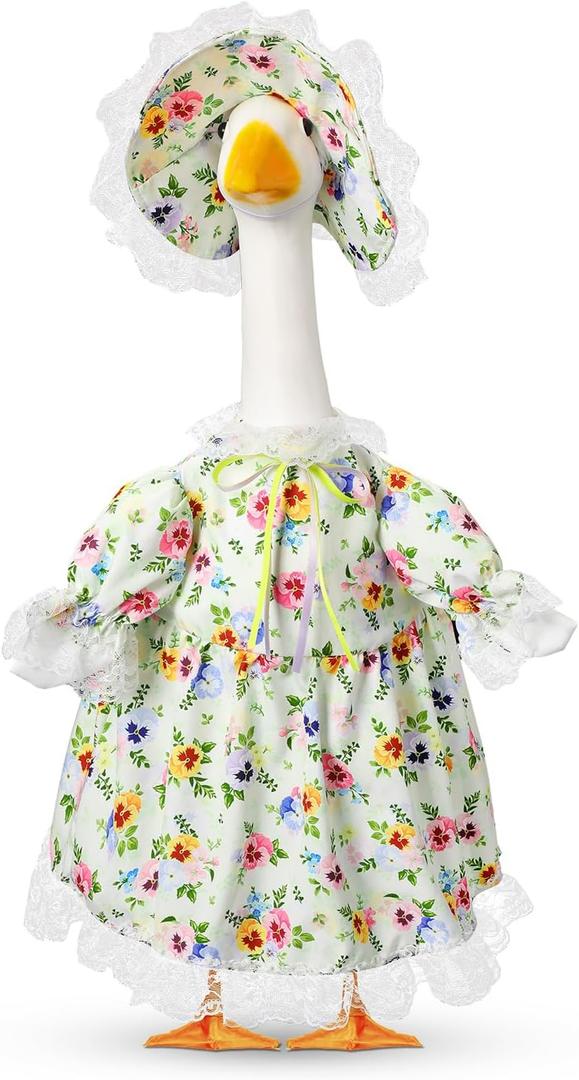 Summer Porch Goose Outfit for 17" Floral Skirt Lawn Goose Costume Clothes for Outdoor Patio Yard Lawn Art Decoration