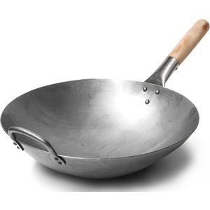 Craft Wok Traditional Hand Hammered Chinese Carbon Steel Wok with Wooden and Steel Helper Handle (14 Inch, Round Bottom Pow Wok Pan) / 731W88