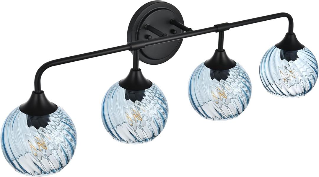MELUCEE Bathroom Light Fixtures Black Vanity Light with Blue Striped Swirl Glass Shade, 4 Light Modern Wall Light Fixtures for Mirror Kitchen Living Room Bedroom Hallway