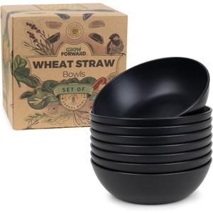 Grow Forward Premium Wheat Straw Bowls Set of 8 - Reusable 20oz Hard Plastic Cereal Bowls - Unbreakable Microwave Safe Bowls for Kitchen, Camping, RV, Dessert, Soup, Salad, Ramen, Eating - Midnight