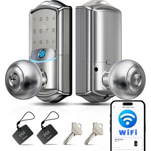 Veise VE028 Built-in Wi-Fi Smart Lock with Knob, Fingerprint Keyless Entry with Handle, App Remote & Voice Control, Electronic Digital Keypad for Front Door and Bedroom, IP65 Waterproof, Satin Nickel