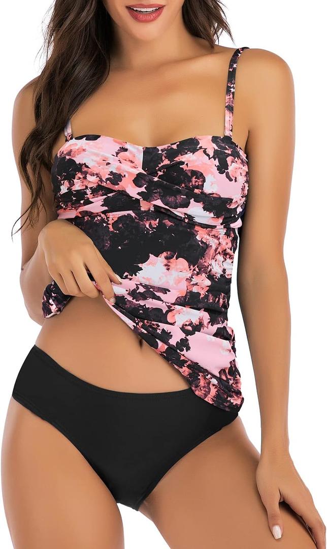 Shuangyu Women's Twist Front Bandeau Tankini Set Two Pieces Ruched Tummy Control Suimsuit with Mid Waist Briefs (Large, Powder Black Flowers)
