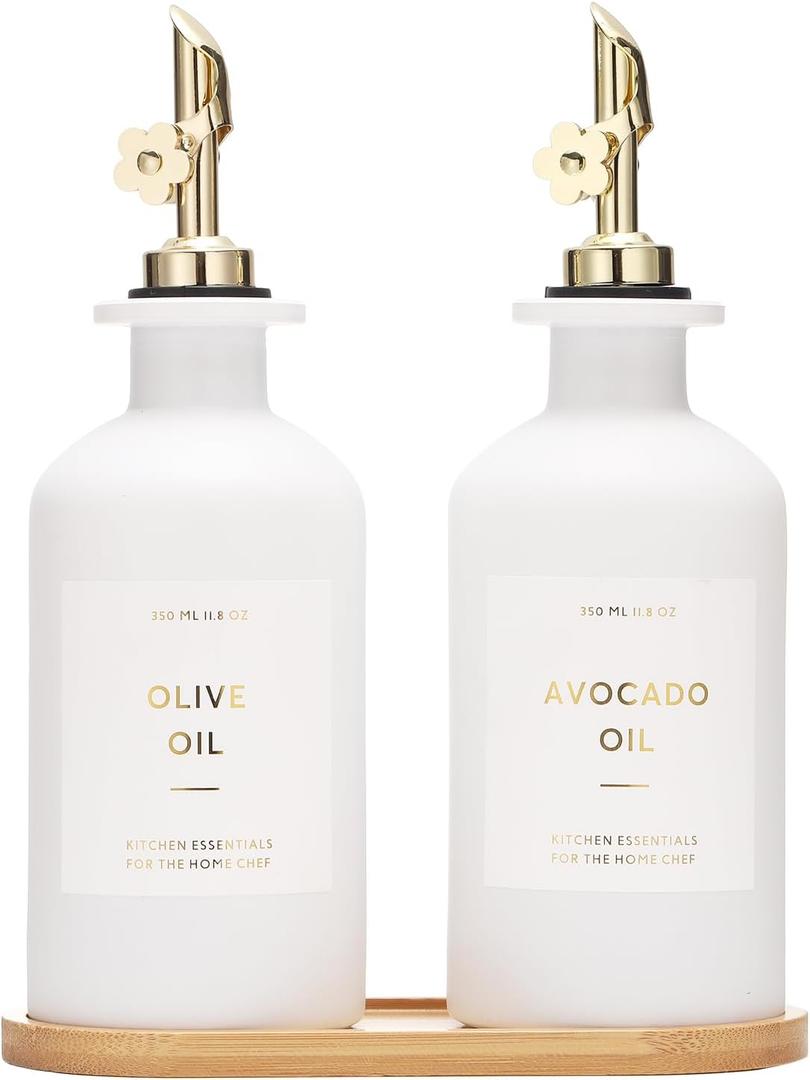 HOMCDALY Olive Oil Dispenser for Kitchen, 11.8oz Glass kitchen Dispenser Bottle, Gold Oil&Vinegar Cruet Set, Leakproof Oil Containers for Cooking| Set of 2 (11.8oz  Gold) (White&Gold Spout+Tray)