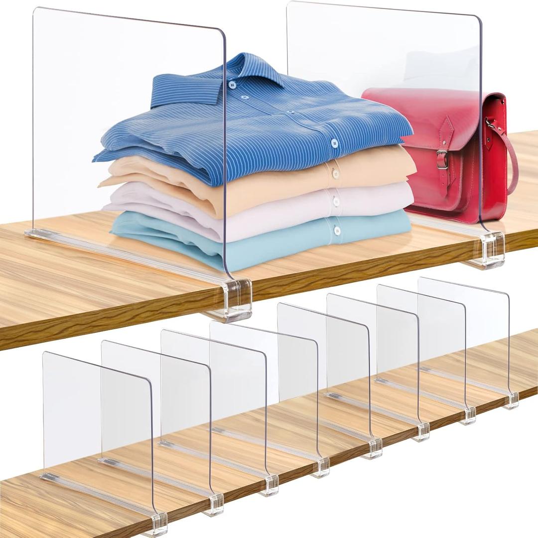 Consevisen Shelf Dividers for Closet Organization and Storage, 10 Pack Acrylic Clear Closet Shelf Dividers for Wood Shelves, Vertical Sweater Handbag Purse Organizer for Bedroom Kitchen Office (12"x8")