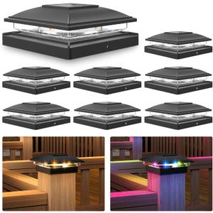 VOLISUN Solar Post Cap Light Outdoor Waterproof: RGB Color Changing - Solar Fence Post Flashing Lights 8 Pack Black for 4x4 x5 x6 WoodenVinyl