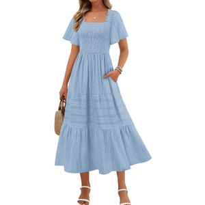 MEROKEETY Women's 2026 Summer Flowy Midi Maxi Dress Short Sleeve Square Neck Smocked Tiered Ruffle Boho Dresses with Pockets (Blue, L)