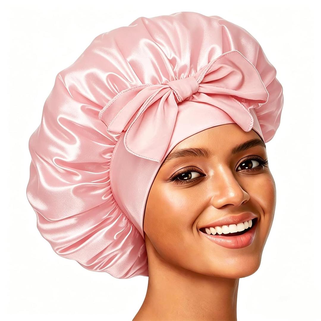 Silk Bonnet for Women, Satin Bonnet for Sleeping, Large Sleep Cap with Elastic Tie Band for Curly Hair, Peach Pink