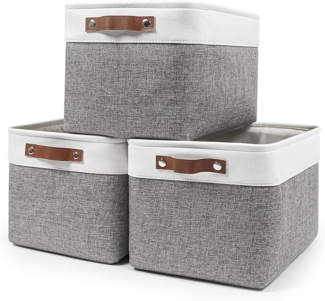 Bagnizer Storage Bins Large Fabric Storage Baskets for Shelves 3 Pack, Decorative Linen Closet Baskets with Handles for Organizing, Shelf, Clothes, Home, Office, 15x11x9.5Inches (Grey&White)