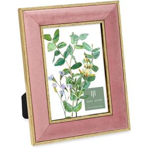 Isaac Jacobs 4x6 Pink Velvet Picture Frame with Metallic Gold Double Border, Photo Frame, Horizontal & Vertical, Made for Tabletop & Wall Display