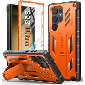 FNTCASE for Samsung Galaxy S23-Ultra Case: Military Grade Drop Proof Protection Mobile Cover with Kickstand | Matte Textured Rugged Shockproof TPU | Protective Sturdy Phone Case - Orange