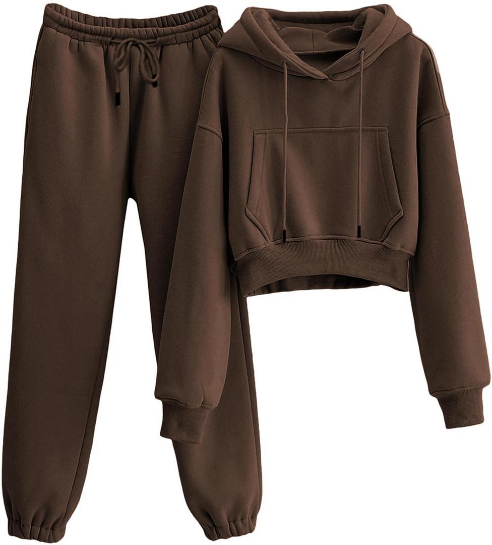 Tanming Women 2 Piece Outfits Sweatsuit Crop Fleece Lounge Set (Brown, S)