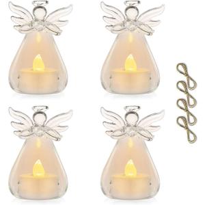 Pack of 4 Hanging Glass Candle Holders Angel Candleholders with Led Tealight Candle Inside Votive Decoration for Wedding Party Restaurant Hotel Garden Decoration,(3 Pcs + 1 Pcs)