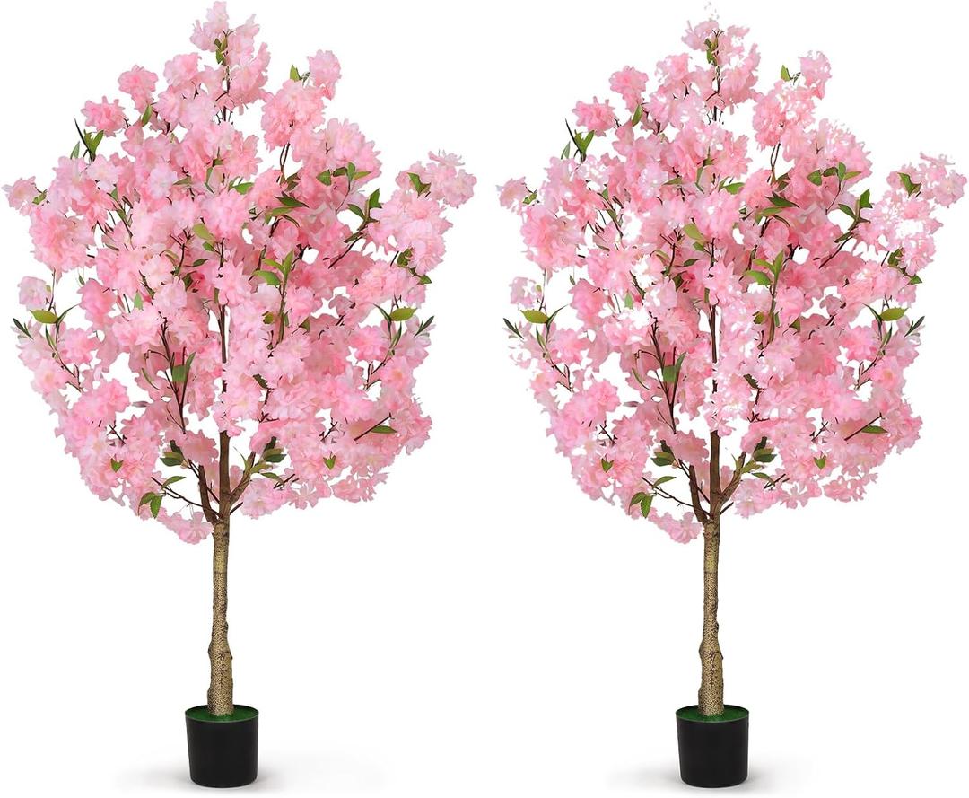 OUSHENG 2 Pack Artificial Cherry Blossom Tree, Fake Plants Indoor Decor, Faux Pink Sakura Flowers for Living Room Home House Entryway Bedroom Office Inside Decorations, 4FT