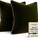 2 Pack Velvet Decorative Throw Pillow Covers, 20"x20", Green and Camel, Solid, Modern, Contrast Piping, Indoor Use, Bedroom & Living Room