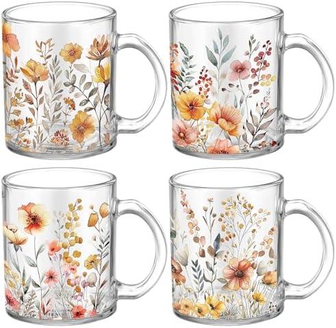 Tioncy 4 Pcs Fall Floral Coffee Mugs 12 oz Flower Glass Cups with Handle Thanksgiving Floral Coffee Cup Autumn Mug Sweet Fall Gifts Drinking Containers for Harvest Holiday Party (Wildflower) 1 Cup Is Broken