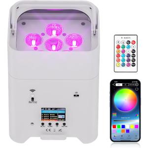 Battery Powered Stage Lights, 9600mAh Rechargeable Par Can Lights 6x18W RGBWA+UV APP/Remote/DMX512/Sound Activated, Uplights for Events Party Wedding DJ Concert Christmas Dance White (1Pc)