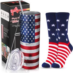 Tanlade 2 Sets American Flag Water Tumbler, Veterans Day Gifts Patriotic Cup with Socks Party Gift, Patriotic Party Supplies for Men Women, 20 oz Insulated Vacuum Cups with Lid