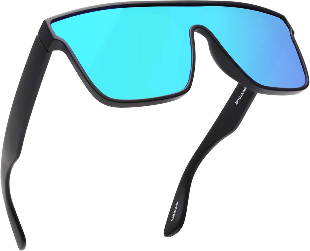 GLINDAR Oversized Square Polarized Sunglasses for Men Women, One Piece Shield Shades UV400 Protection (Matte Black Frame / Polarized Mirror Blue Lens)