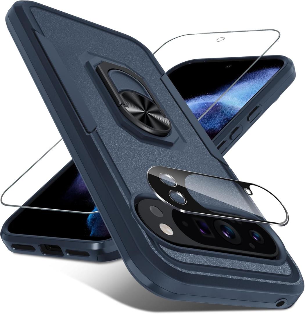 for Google Pixel 10 Pro XL Case with Screen Protector + Camera Lens Protector,Heavy Duty Shockproof Full Body Protective Cover Built in Rotatable Metal Ring Holder Kickstand,2025 Navy Blue