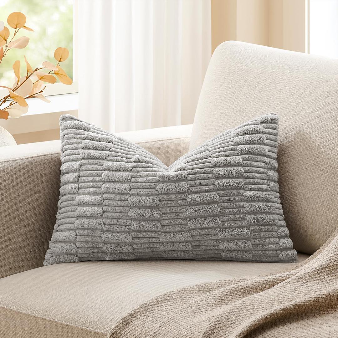 Kevin Textile 12x24 Inch Lumbar Pillow Cover 1 Pack Soft Plush Stripe Decorative Rectangle Cushion Elegant Double-Sided Corduroy Texture Pillow Cover for Couch Sofa Chair Bed Home Decor, Light Grey